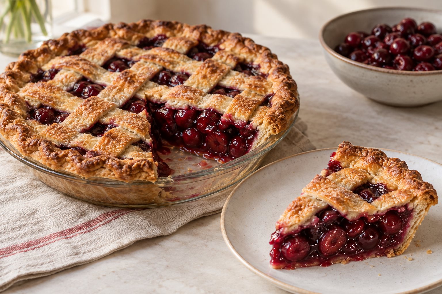 A golden lattice cherry pie with one slice served alongside, its glossy red filling holding its shape