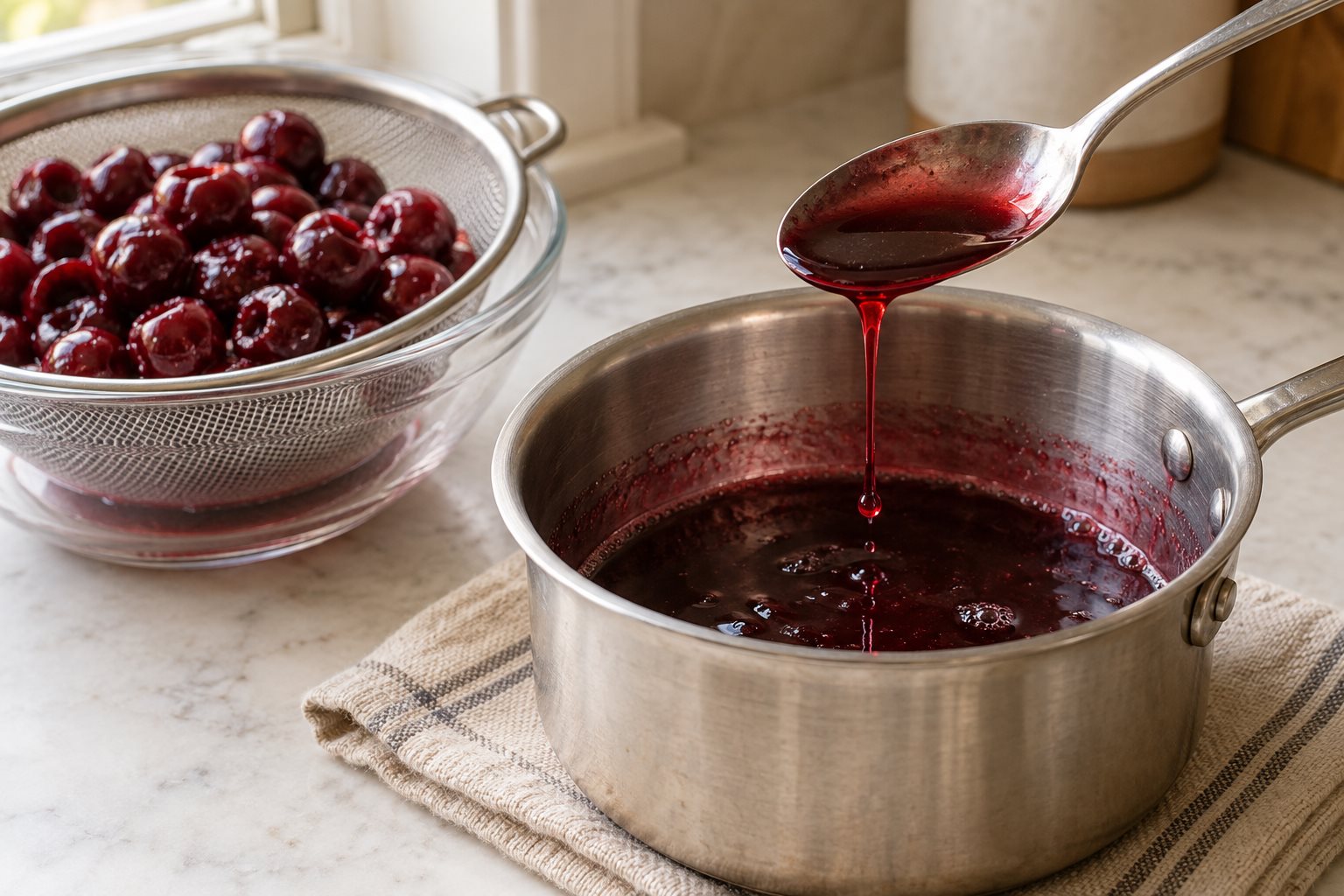 Reduced dark red cherry juice dripping slowly from a spoon