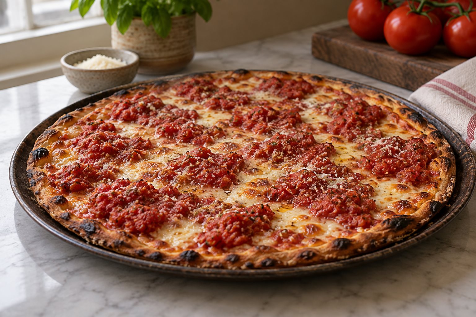 A thin round pie on a dark pan, pale mozzarella showing between irregular ladlefuls of red uncooked tomato, edges blistered brown