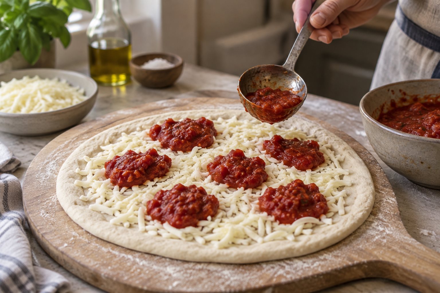 Coarse tomato dollops added over mozzarella on raw pizza dough