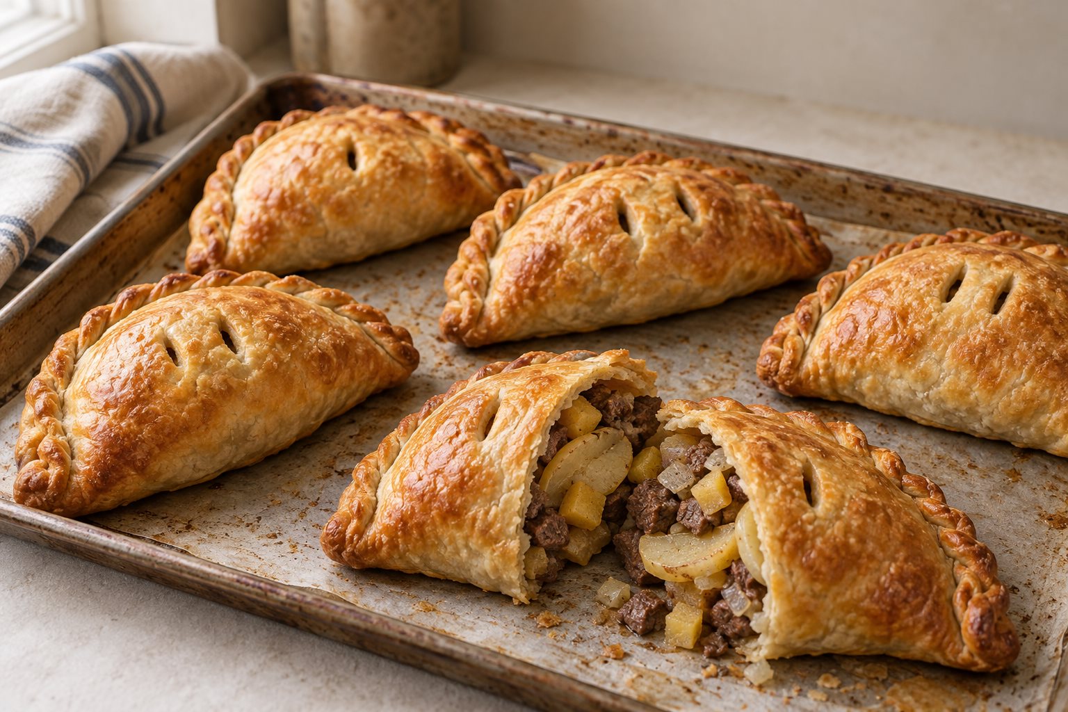 Golden crimped pastry turnovers on a sheet pan, one split open to show diced beef, potato and yellow rutabaga