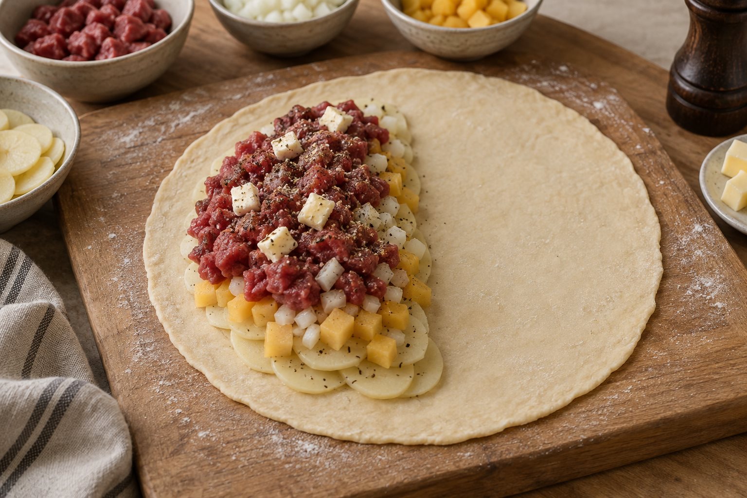 Raw beef layered over onion, rutabaga and sliced potato on one half of a pastry round