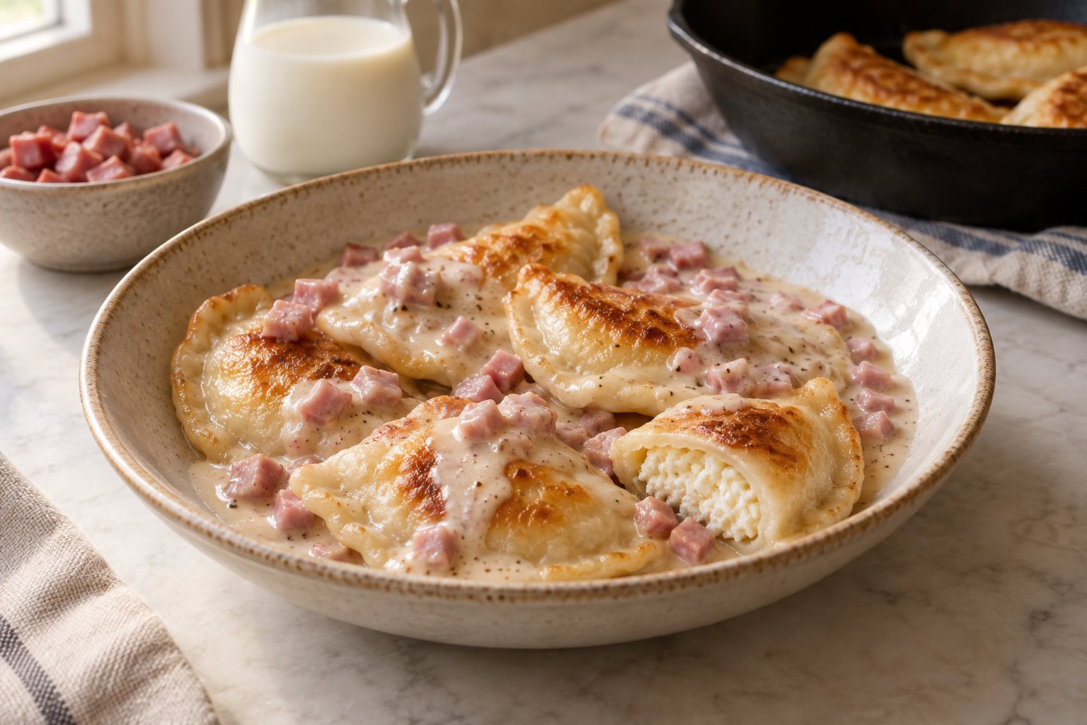 Golden half-moon cheese dumplings with pale ham gravy, one cut open to reveal white curd filling.