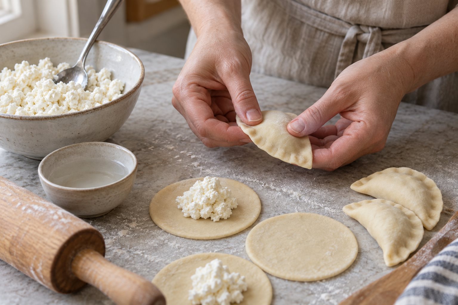 Hands pressing the edge of a half-moon dumpling shut beside rounds filled with white dry-curd cheese.