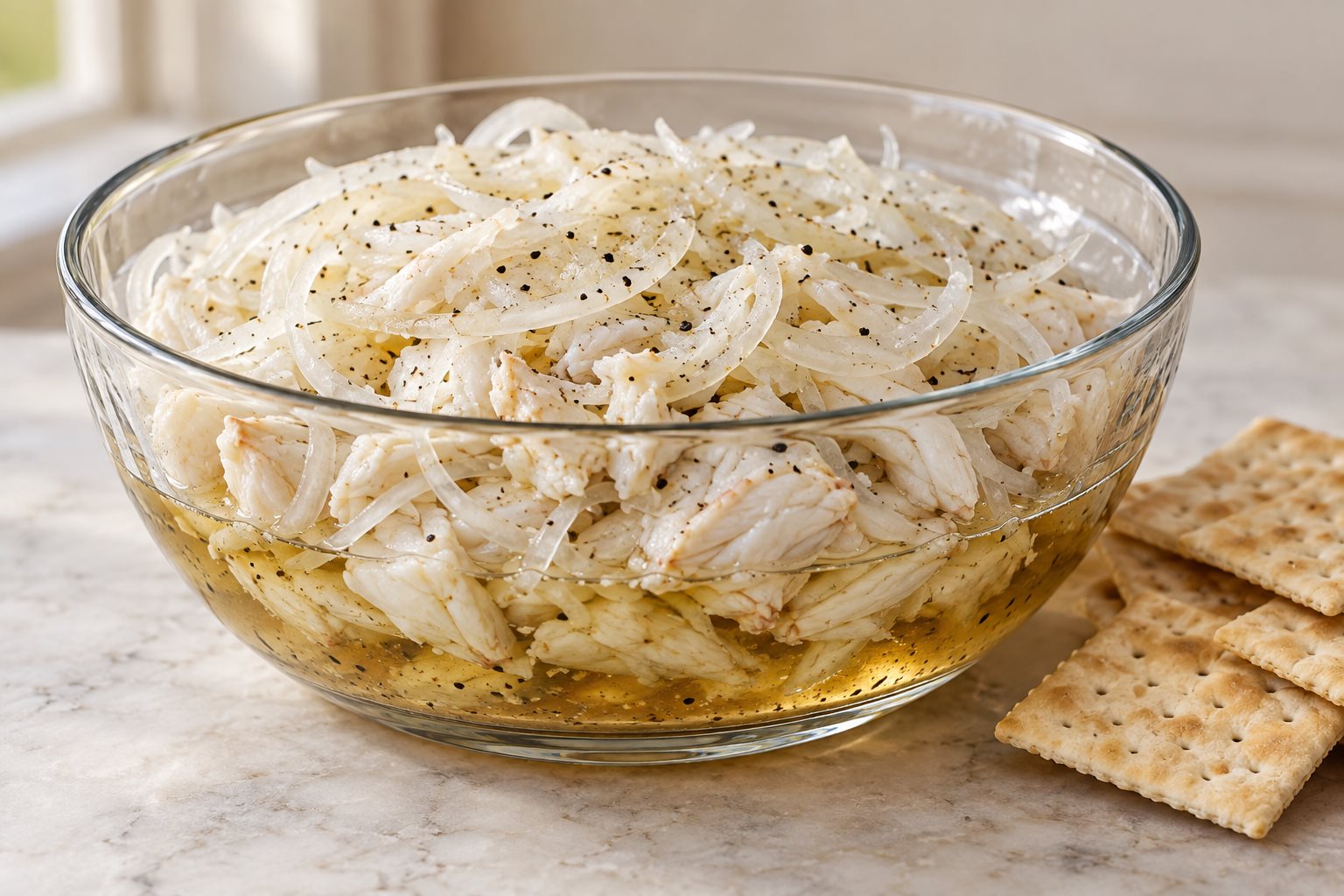 A shallow glass bowl of lump crab meat under a layer of paper-thin onion slices, the oil and vinegar standing clear at the bottom of the bowl, with saltines beside it