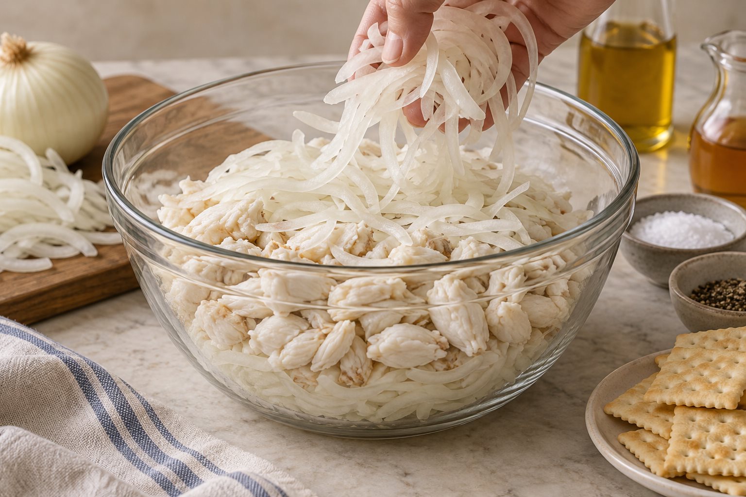 Thin sweet onion slices being added over intact white crab lumps in a glass bowl, with another layer of onion visible underneath.