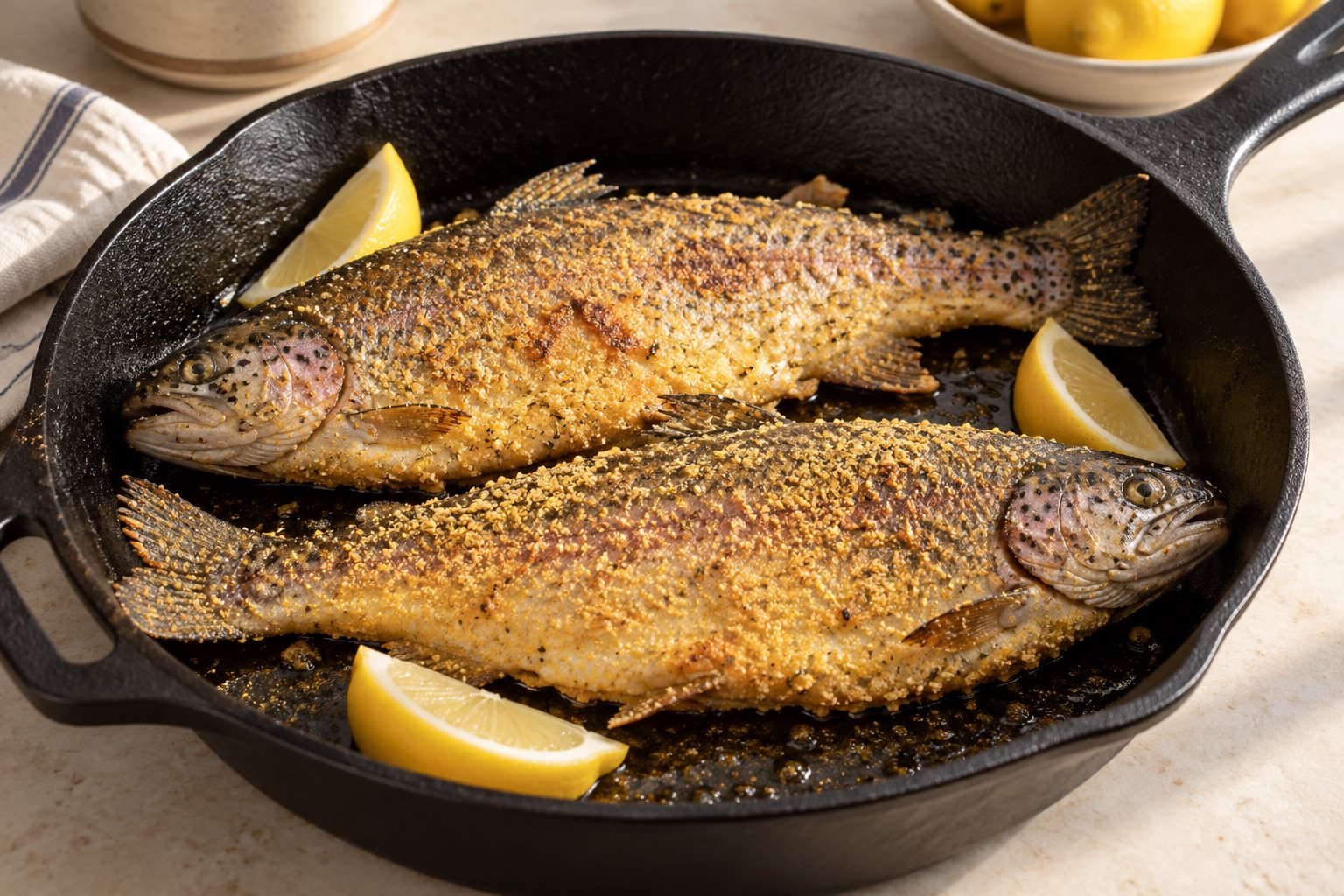 Two whole trout with a golden cornmeal coating nested head to tail in a black skillet, with lemon wedges at the edges.