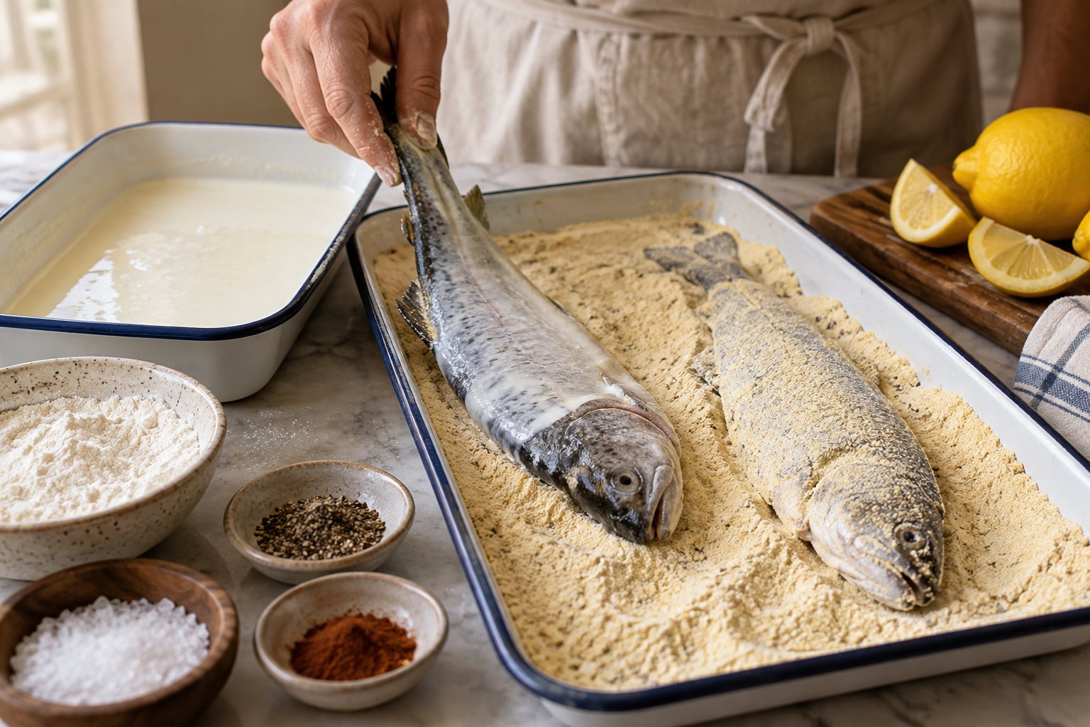 A whole trout being dipped into fine cornmeal beside an already coated fish, with a dish of buttermilk nearby.