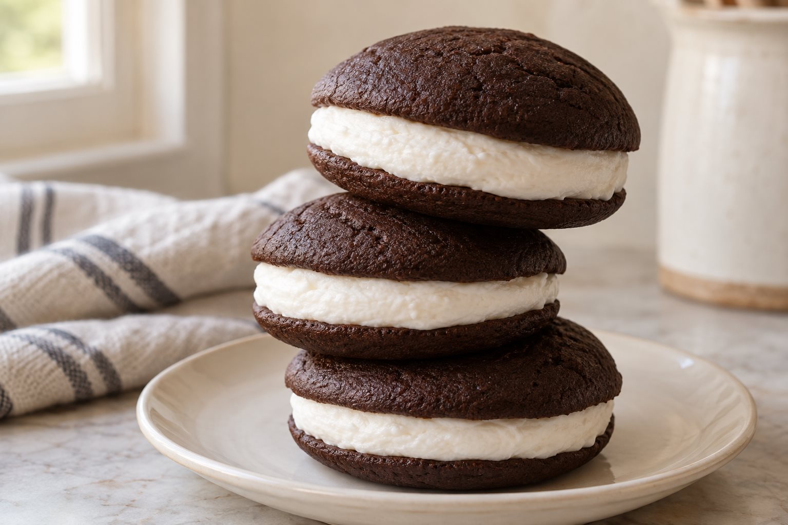 Three whoopie pies stacked on a plate, dark domed cakes with a thick band of white filling squeezing out at the edges