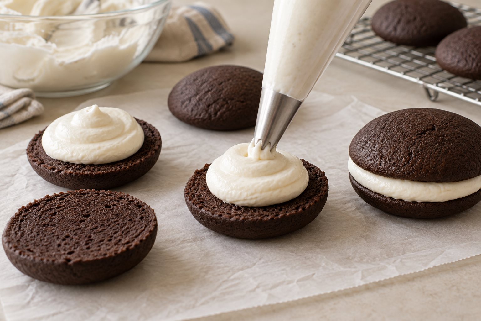 White marshmallow filling piped onto the flat side of a cooled chocolate cake