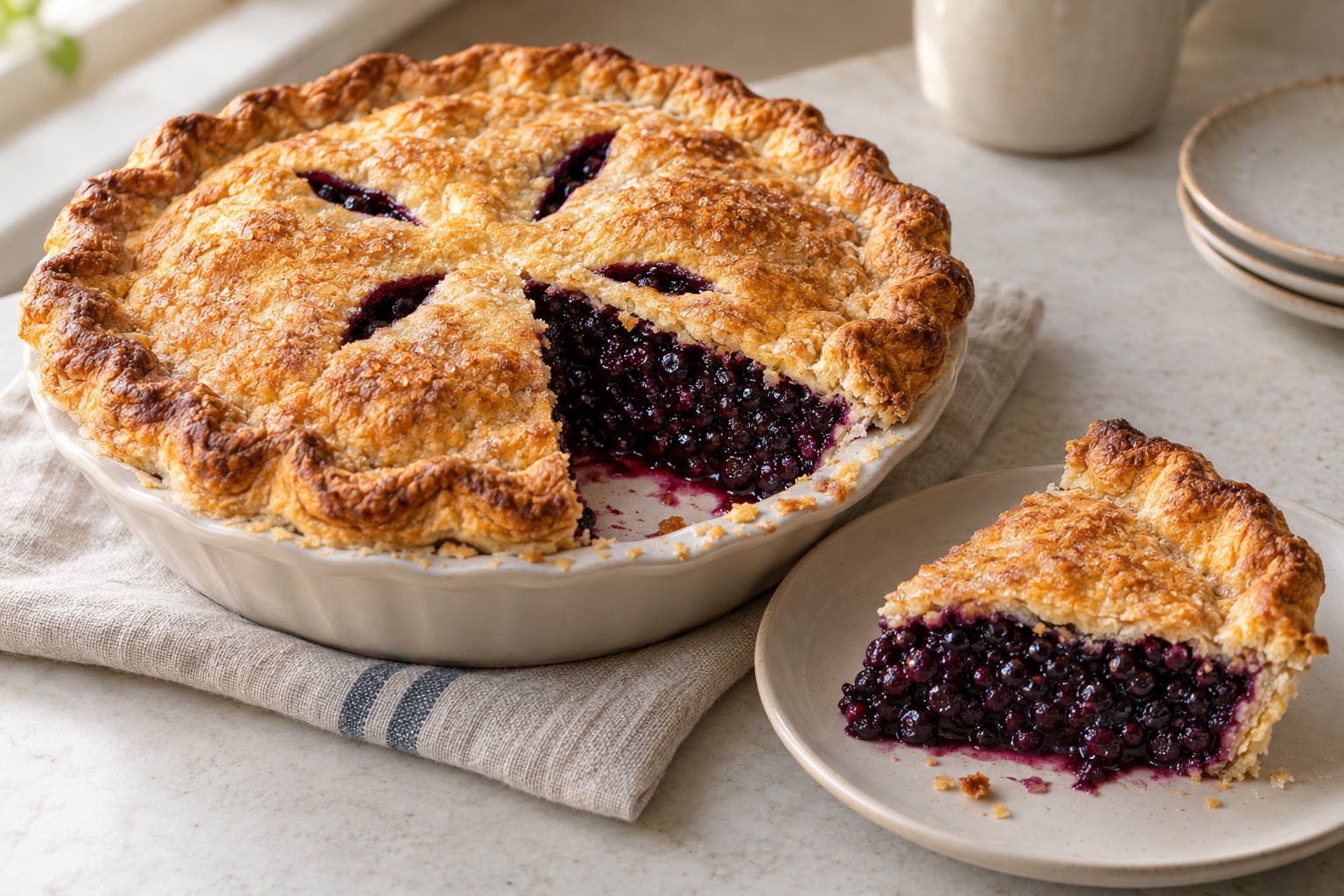 A deep-dish double-crust blueberry pie with a vented lid, cut to show dark purple small berries holding their shape in a glossy set filling