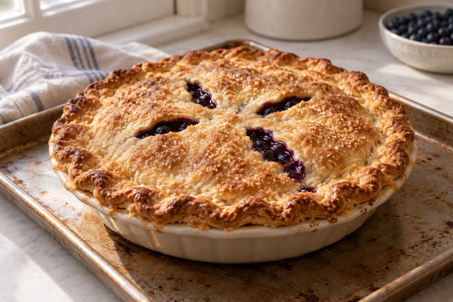 Dark purple blueberry filling bubbling through the vents of a golden double-crust pie