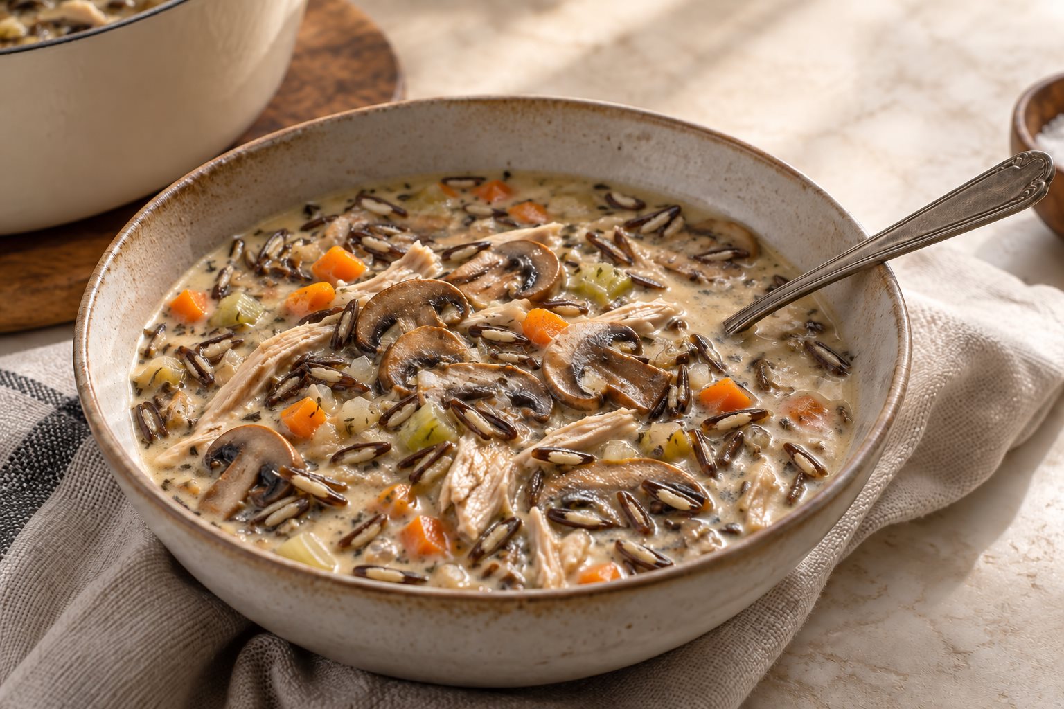 A bowl of pale broth thick with long dark wild rice grains, mushrooms and shredded turkey, with a spoon resting in it