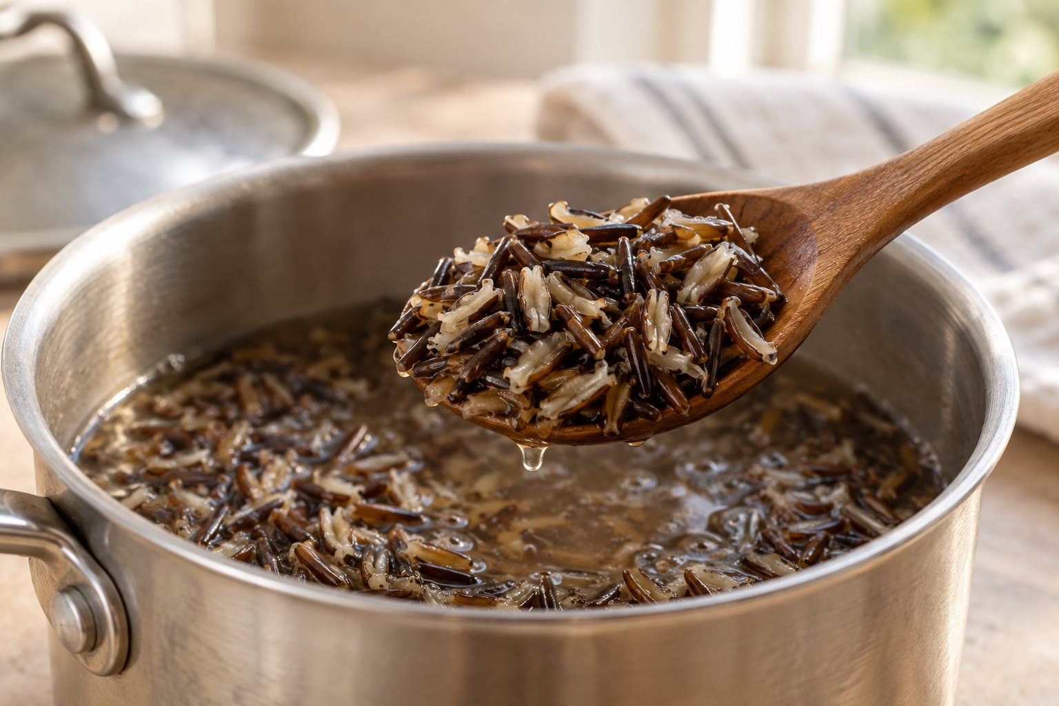 Cooked wild rice split lengthwise to reveal pale interiors on a wooden spoon
