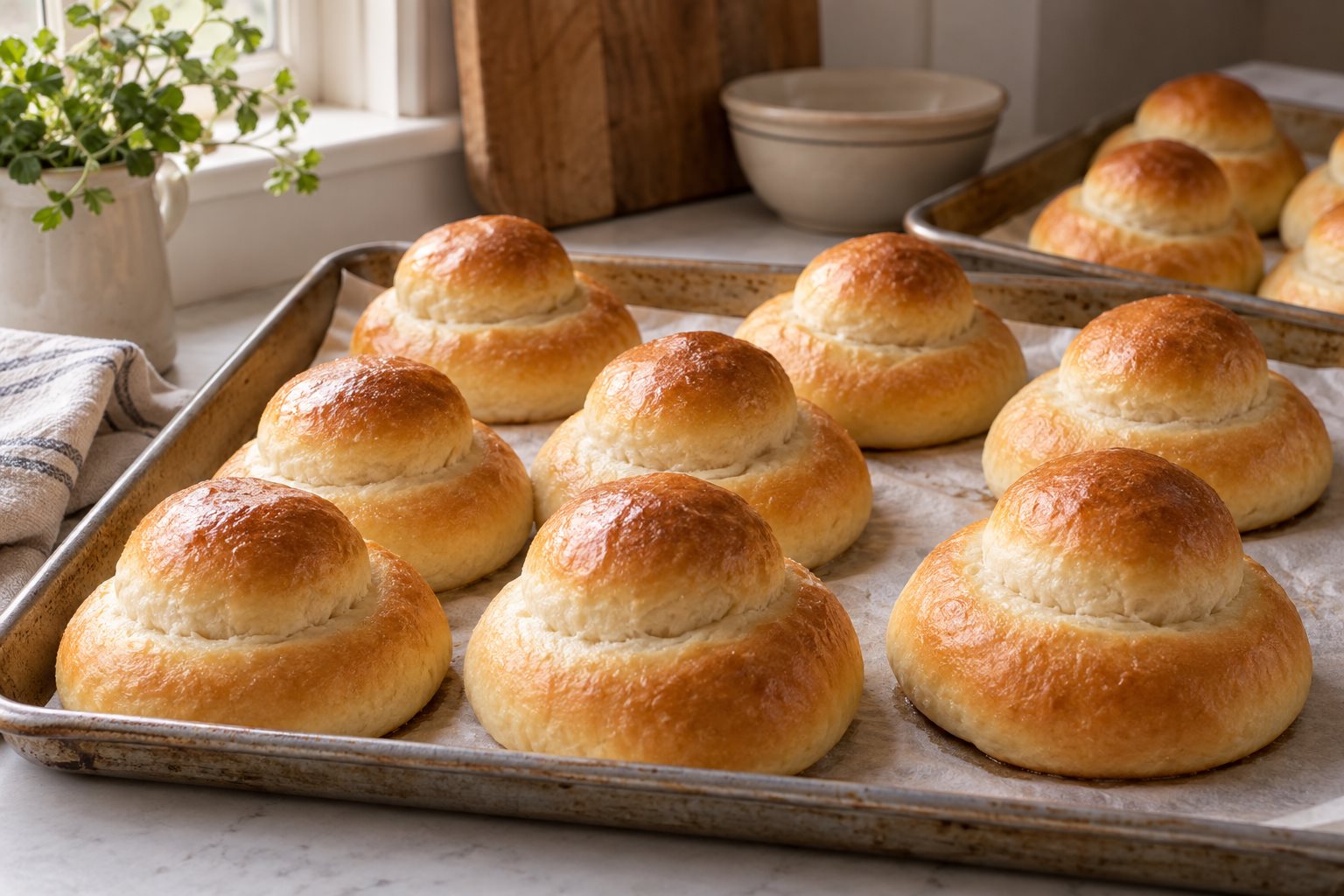 Golden two-tier yeast rolls, each with a smaller dome on a larger round base, on parchment-lined trays.