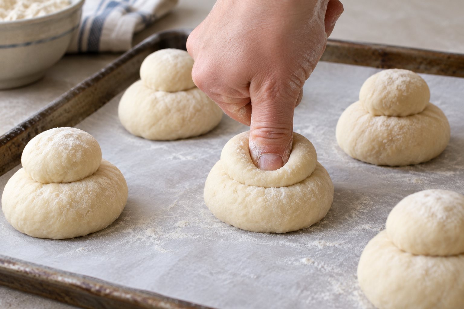 A floured thumb pressing through two stacked dough balls to join a two-tier roll.